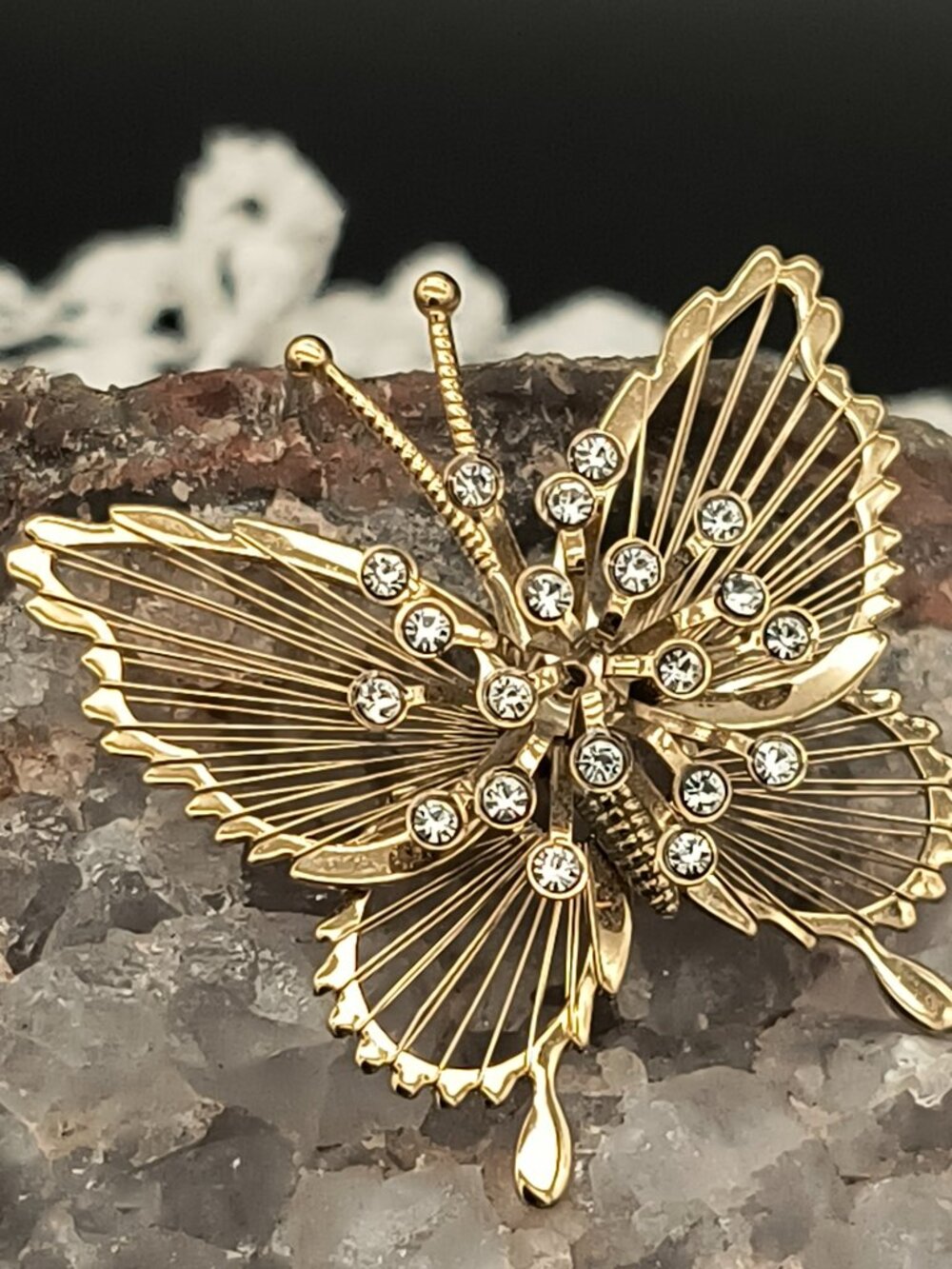 Vintage Monet Butterfly Gold Tone Filigree Rhinestone Brooch